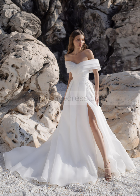 Off Shoulder Ivory Organza Slit Modern Wedding Dress Off Shoulder Ivory Organza Slit Modern Wedding Dress